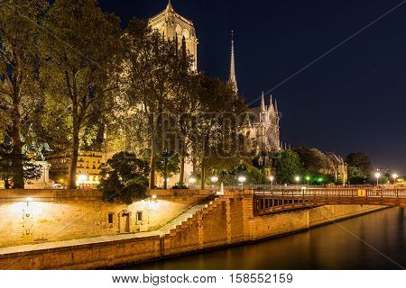 Notre Dame de Paris cathedral illuminated at twilight with the Seine River and the Pont au Double. Ile de La Cite. 4th Arrondissement, Paris, France