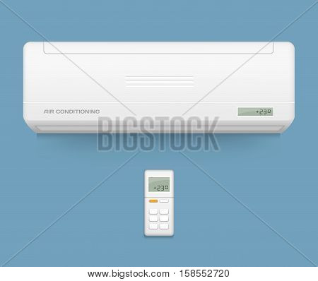 Split system air conditioner. Cool and cold climate control system. Realistic conditioning with remote controller. Vector illustration