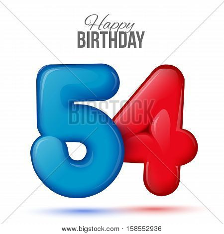 fifty four birthday greeting card template with 3d shiny number fifty one balloon on white background. Birthday party greeting, invitation card, banner with number 54shaped balloon