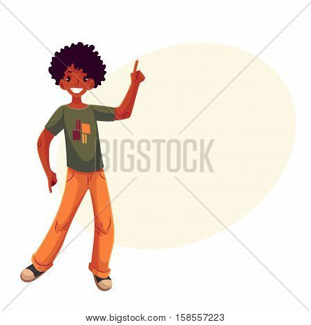 Full length portrait of african amercian teenaged boy in orange jeans dancing, cartoon style vector illustration isolated on yellow background with place for text. Smiling black boy with a wide smile