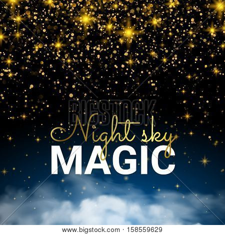 Festive Sparkling Gold Explosion. Infinity Magic Starry Night Sky. Cloud Blue Background and Shining Stars. Holiday Shining Motion Card Shining Luxury Design. Vector illustration abstract background.