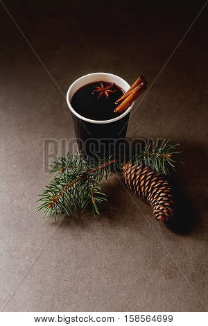 Christmas Drink. Mulled Red Wine In A Paper Cup With Black Karit