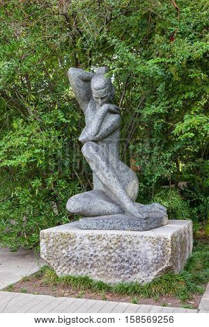 Lisbon, Portugal - October 19, 2016: Art decorating the garden of the Calouste Gulbenkian foundation. A very popular urban park open to the public especially among College students.