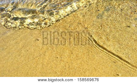 A sand and a curl of watter on a sandbeach in summer.