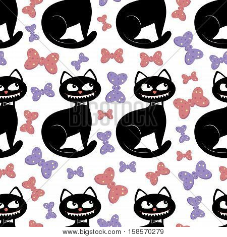 Vector seamless pattern with different cute objects: bows and cats. Good for halloween packing prints and textile production