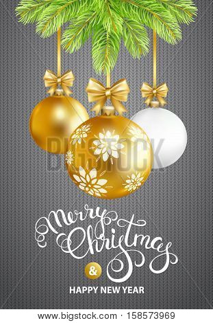 Merry Christmas and Happy New Year card with gold white balls and fir-tree on knitted texture background. Merry Christmas calligraphy. Vector illustration.