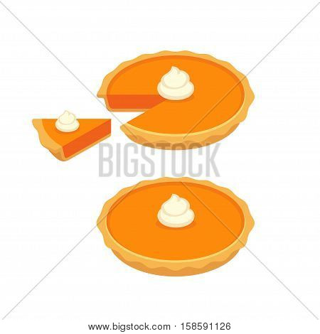 Pumpkin or sweet potato pie whole and slice. Traditional American Thanksgiving dessert. Vector illustration.
