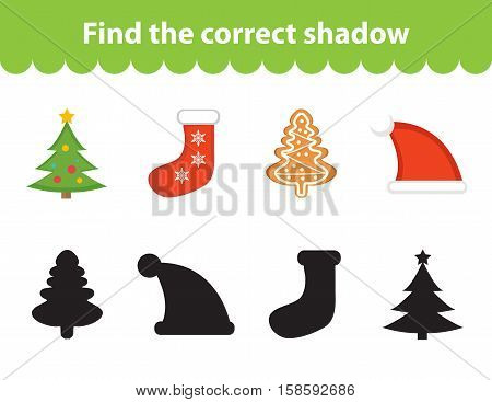 Children s educational game, find correct shadow silhouette. Christmas set for game to find the right shade. Vector illustration