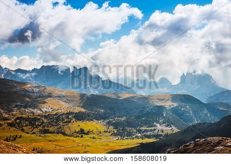 Scenic view of Italian Dolomites on sunny autumn day