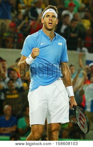 RIO DE JANEIRO, BRAZIL - AUGUST 14, 2016: Grand Slam champion Juan Martin Del Potro of Argentina in action during his men singles final match of the Rio 2016 Olympic Games at the Olympic Tennis Centre