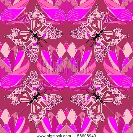 Pink Lotus Flower Seamless Pattern On Dark Pink Background. Romantic Floral Texture With Butterfiles