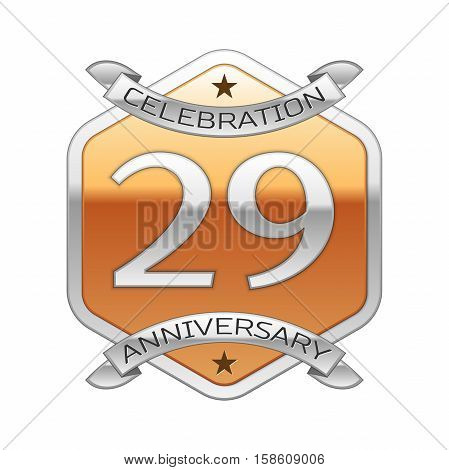 Twenty nine years anniversary celebration silver logo with silver ribbon and golden hexagonal ornament on white background.