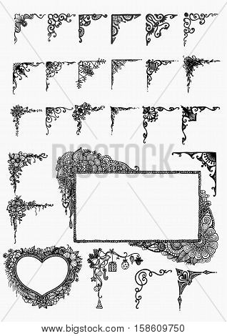Big set of hand drawn borders for design element for wedding cards, Valentine's card and so on. Stock Vector