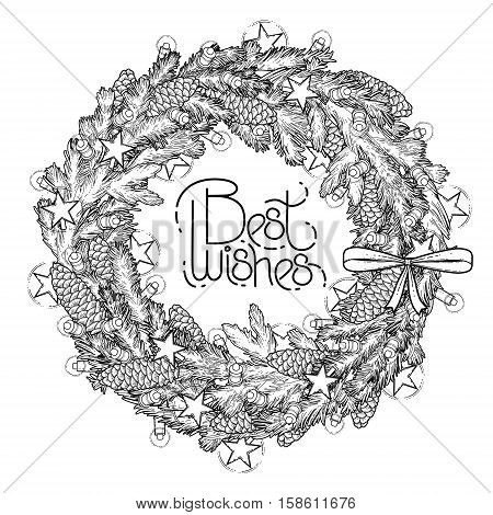 Christmas fir wreath with glowing garlands. Coloring book page design for adults and kids.