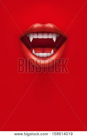 Party Invitation with vampire mouth open red lips and long teeth. Vertical poster. Vector Illustration.