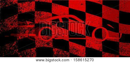 A dirty red and black grunge fx chequered race flag with a fast car
