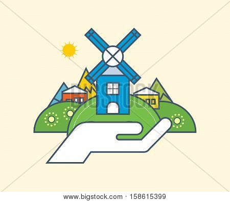 Environmental protection, gardening of territory, use of natural products and the preservation of the natural balance of resources, environmental conservation, cleanliness. Vector illustration.