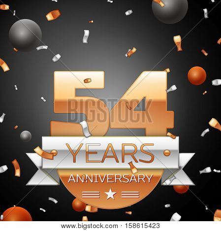 Fifty four years anniversary celebration background with silver ribbon confetti and circles. Anniversary ribbon. Vector illustration.