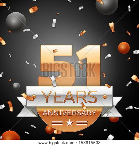 Fifty one years anniversary celebration background with silver ribbon confetti and circles. Anniversary ribbon. Vector illustration.