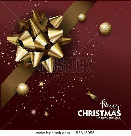 Elegant Merry Christmas or Happy New Year background with gold bow. Vector Illustration.