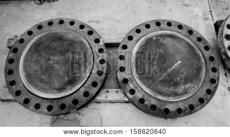 Flange connection of pipe with rust,PE,flanges on the white background.,Industrial background from part of valves for power, oil or gas industry