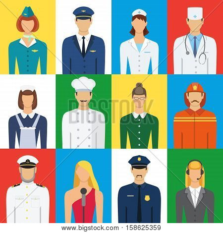 Set of colorful profession people flat style icons vector illustration. Different people professions characters set