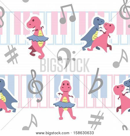 Seamless pattern with cute dino dancing at music keyboards