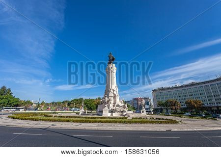 Marques de Pombal Square and Roundabout, one of the landmarks of Lisbon, located  between the luxurious Liberdade Avenue and Eduardo VII Park.