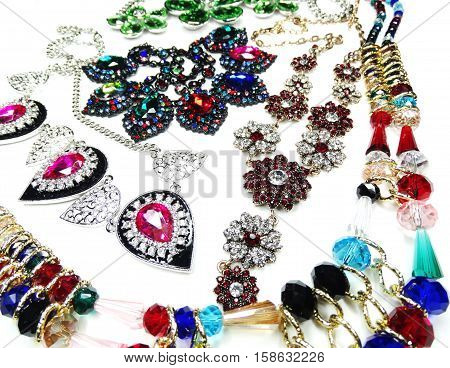 jewelry as fashion background necklace with bright crystals set