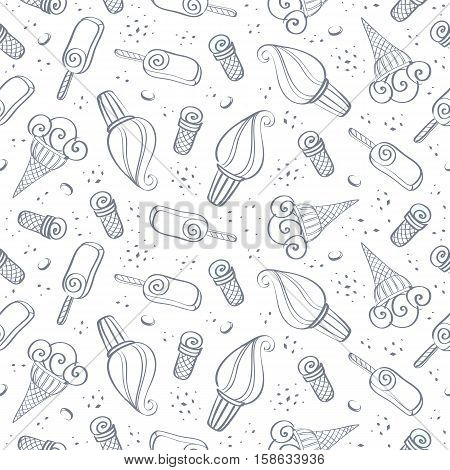 Cute hand drawn seamless pattern with different types of ice cream on white background. Vector illustration