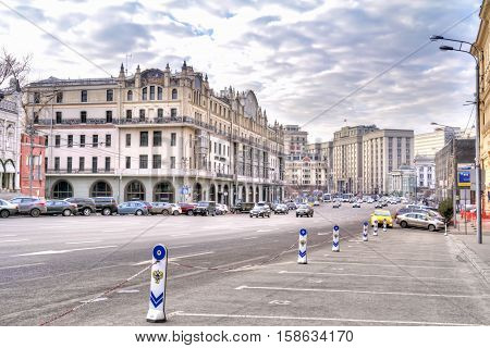 MOSCOW RUSSIA - November 22.2014: Street Theatre Proezd to the historic city center. Building Metropol Hotel and the State Duma