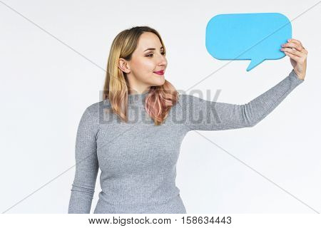 Female Holding Speech Bubble Concept