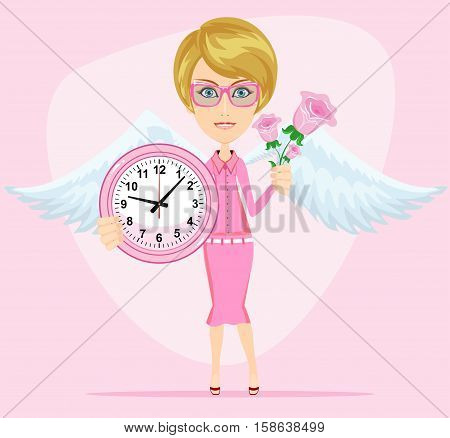 Female angel with beautiful wings holding a pink watchs and flowers she congratulates you. Time to love and live . Stock Vector illustration