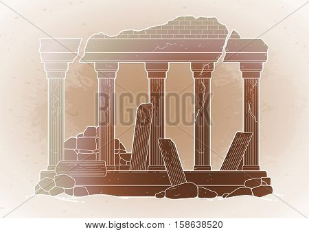 Graphic half-ruined architecture with column in line art style. Ancient building isolated on the vintage background in ocher colors.