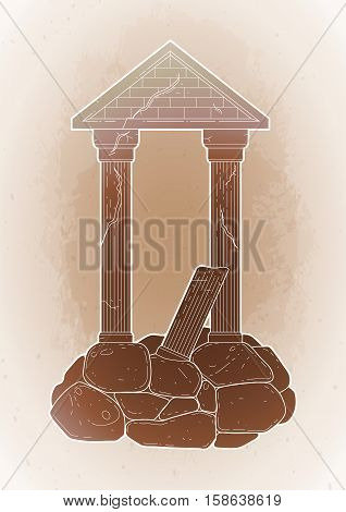 Graphic half-ruined architecture with column in line art style. Ancient building isolated on the vintage background in ocher colors.