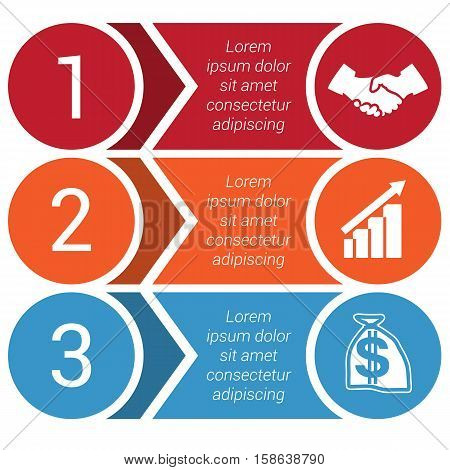 Circles horizontal colorful arrows and strips bars infochart areachart presentation or templates for 3 positions infographics