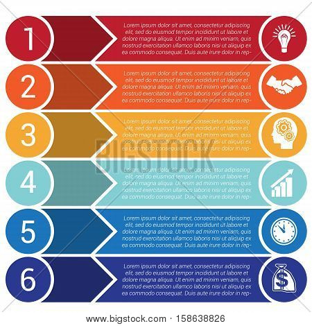 Circles horizontal colorful arrows and strips bars infochart areachart presentation or templates for 6 positions infographics