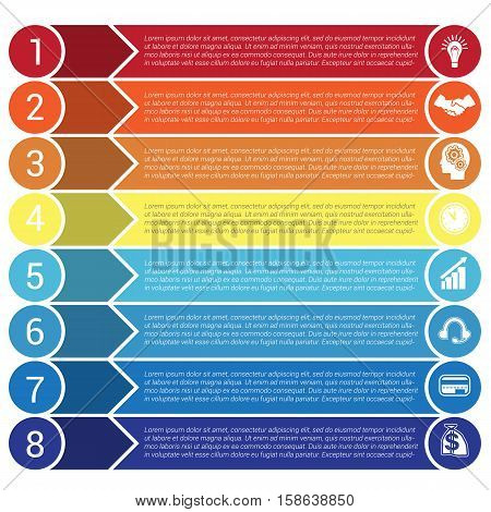 Circles horizontal colorful arrows and strips bars infochart areachart presentation or templates for 8 positions infographics