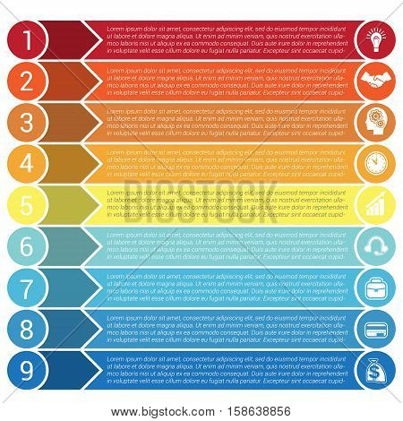 Circles horizontal colorful arrows and strips bars infochart areachart presentation or templates for 9 positions infographics