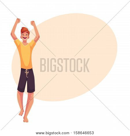 Young barefooted man in sun glassses dancing, cartoon style vector illustration isolated on yellow background. Young and red man, teenager, boy dancing at a party in skirt and t-shirt