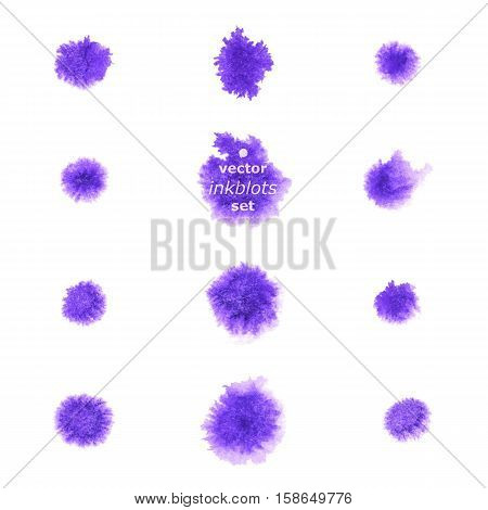 Set of Realistic Ink Blots on White Background. Violet Watercolor Spots.