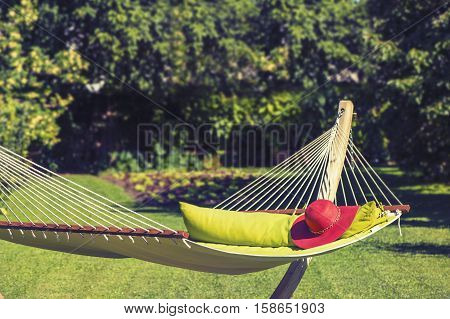 Red Hat on a hammock in the garden
