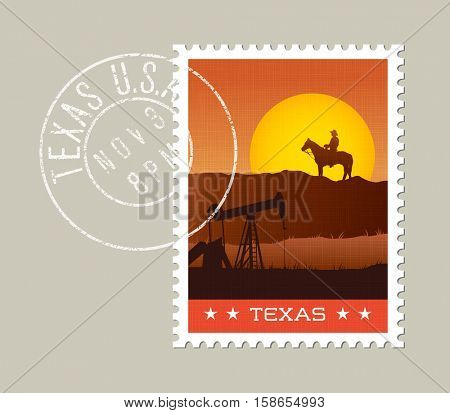 Texas postage stamp design. 
Vector illustration of scenic landscape. Grunge postmark on separate layer