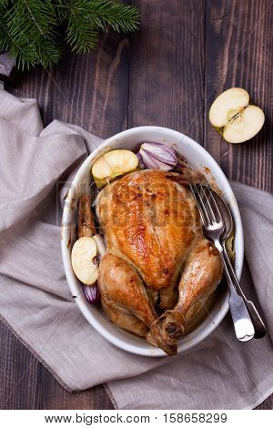 Roasted Chicken On Wooden Table, Top View