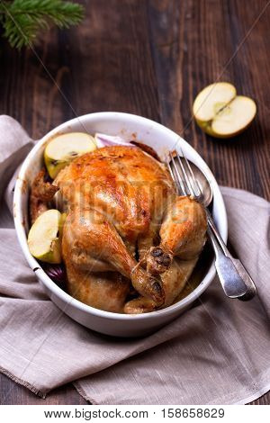 Roasted Chicken On Wooden Table, Top View