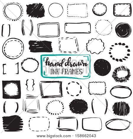 Set of sketch drawn frames. Black and white vector collection of circle and rectangle simple borders.