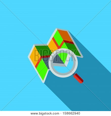 Vector icon or illustration showed search on map with magnifying glass in flat with long shadow design style