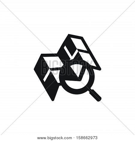 Vector icon or illustration showed search on map with magnifying glass in black color style on white background