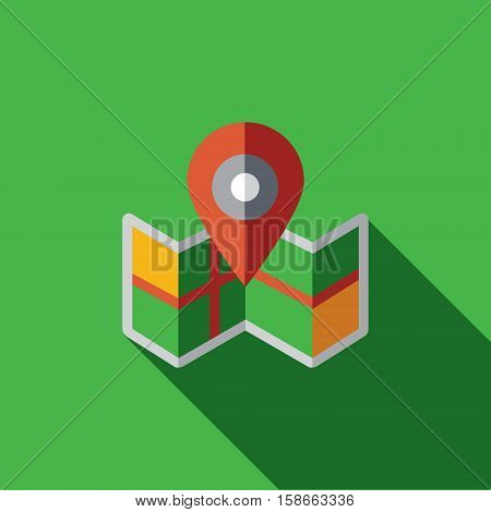 Vector icon or illustration showing map with geo location icon in flat design style with long shadow