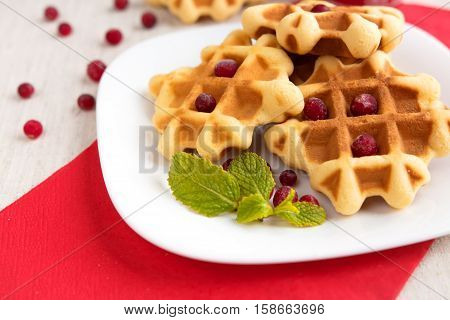 Dessert waffles with cranberries and chocolate syrup
